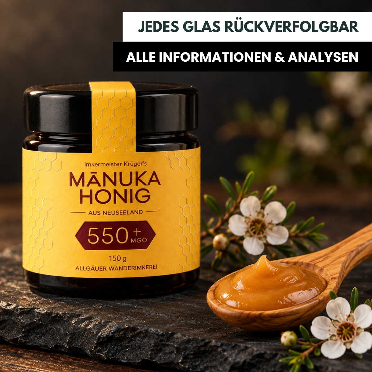 Imkermeister Krüger's Manuka-Honig 150g MGO 550+ aus Neuseeland von der Allgäuer Wanderimkerei – jedes Glas rückverfolgbar
