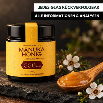 Imkermeister Krüger's Manuka-Honig 150g MGO 550+ aus Neuseeland von der Allgäuer Wanderimkerei – jedes Glas rückverfolgbar