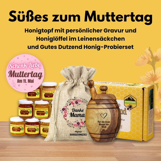 Süßes zum Muttertag, Honigtopf mit Gravur und Honiglöffel im Leinensäckchen + Gutes Dutzend von der Allgäuer Wanderimkerei