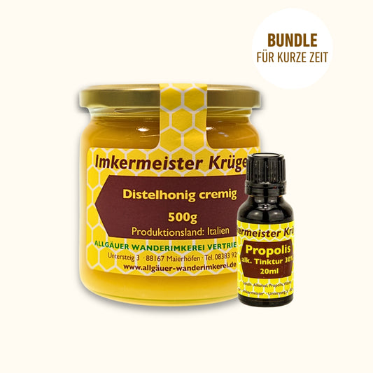Bienenkraft-Duo für den Sommer mit Distelhonig cremig (500g) und Propolis Tinktur 30% (20ml)