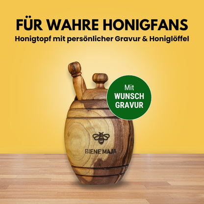 Honigtopf mit persönlicher Gravur und Honiglöffel aus echtem Olivenholz von der Allgäuer Wanderimkerei, für wahre Honigfans