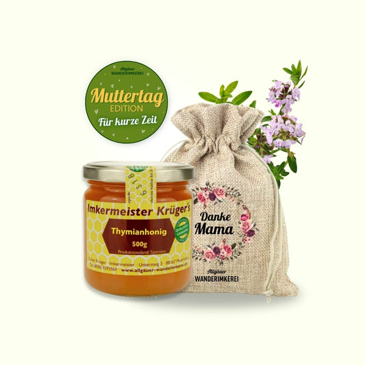 Muttertag-Geschenk mit Thymianhonig (500g) im bedruckten Leinensäckchen "Danke Mama" von der Allgäuer Wanderimkerei
