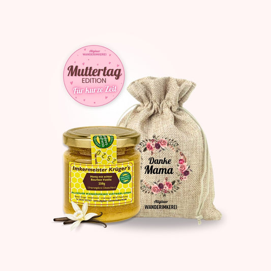 Muttertag-Geschenk mit Honig mit echter Bourbon-Vanille (250g) im bedruckten Leinensäckchen "Danke Mama" von der Allgäuer Wanderimkerei