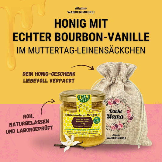 Muttertag-Geschenk mit Honig mit echter Bourbon-Vanille (250g) im bedruckten Leinensäckchen "Danke Mama", roh, naturbelassen und laborgeprüft von der Allgäuer Wanderimkerei
