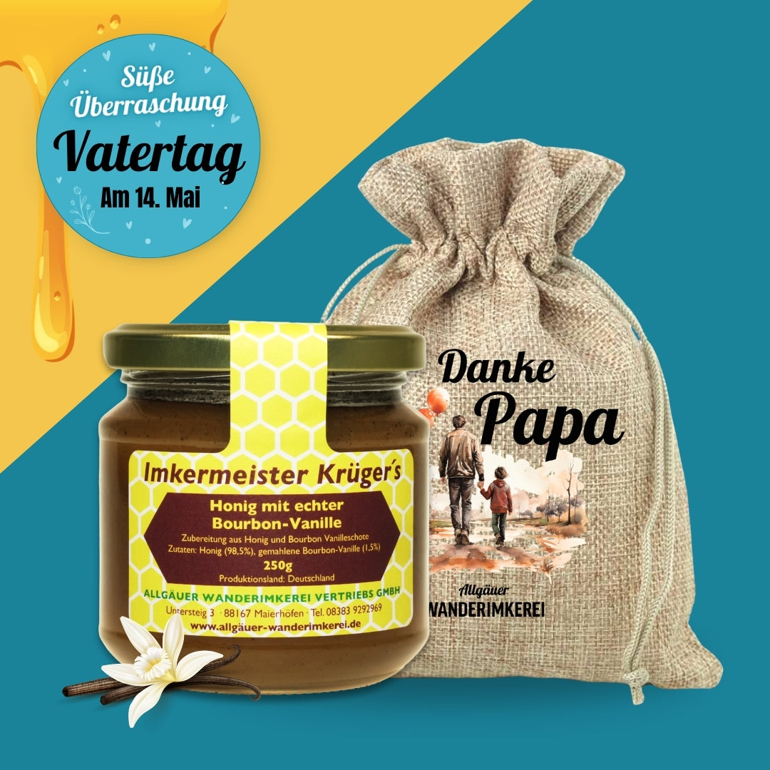 Honig mit echter Bourbon-Vanille im Geschenksäckchen zum Vatertag verschenken, Allgäuer Wanderimkerei