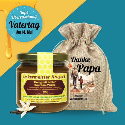 Honig mit echter Bourbon-Vanille im Geschenksäckchen zum Vatertag verschenken, Allgäuer Wanderimkerei
