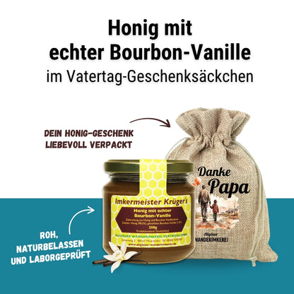 Honig mit echter Bourbon-Vanille im Geschenksäckchen zum Vatertag verschenken, Allgäuer Wanderimkerei
