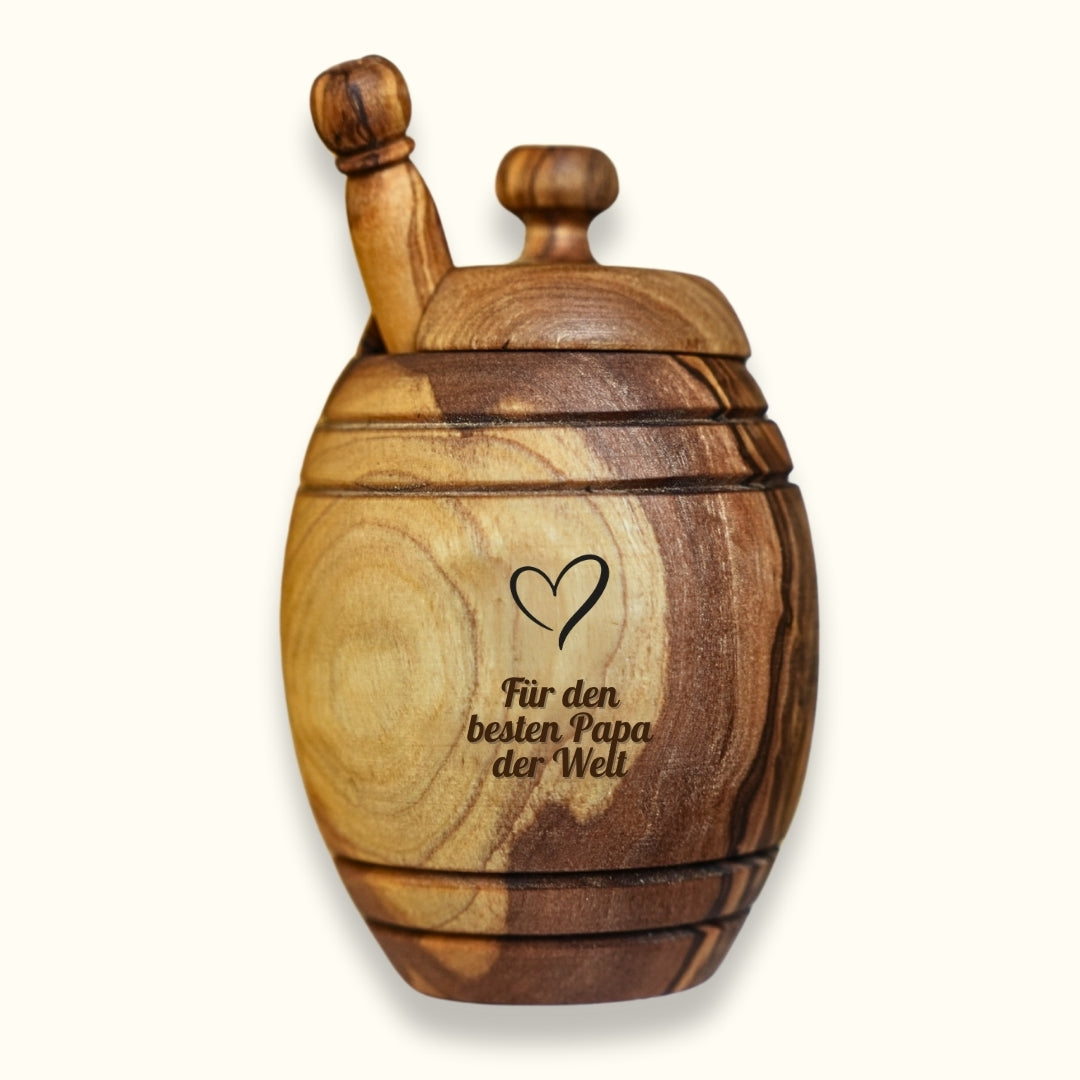 Vatertagsgeschenk, Honigtopf mit Wunsch-Gravur und Honiglöffel aus echtem Olivenholz im passenden Leinensäckchen DANKE PAPA von der Allgäuer Wanderimkerei