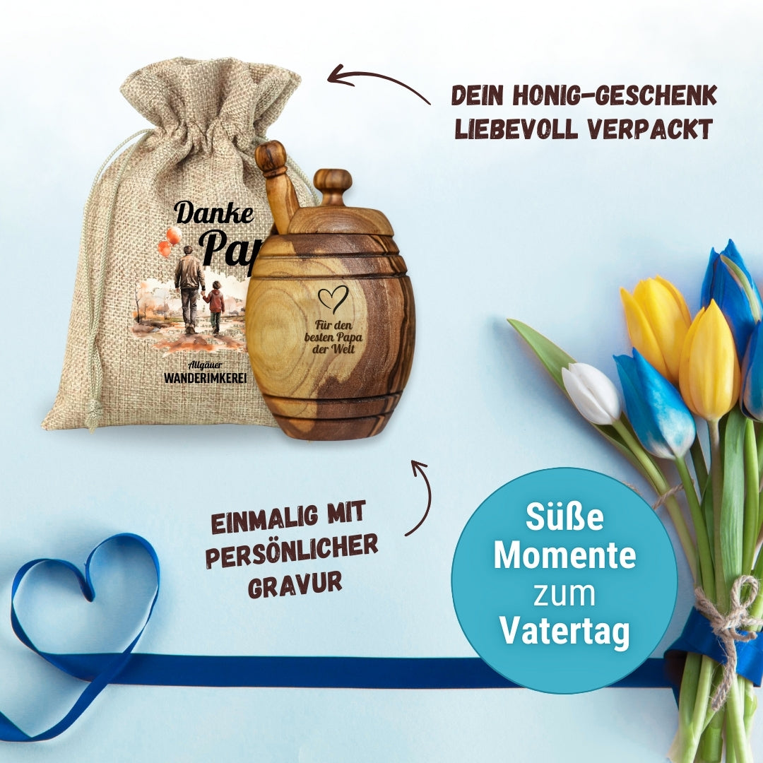 Vatertagsgeschenk, Honigtopf mit Wunsch-Gravur und Honiglöffel aus echtem Olivenholz im passenden Leinensäckchen DANKE PAPA von der Allgäuer Wanderimkerei