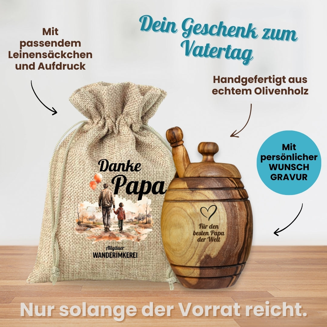 Vatertagsgeschenk, Honigtopf mit Wunsch-Gravur und Honiglöffel aus echtem Olivenholz im passenden Leinensäckchen DANKE PAPA von der Allgäuer Wanderimkerei