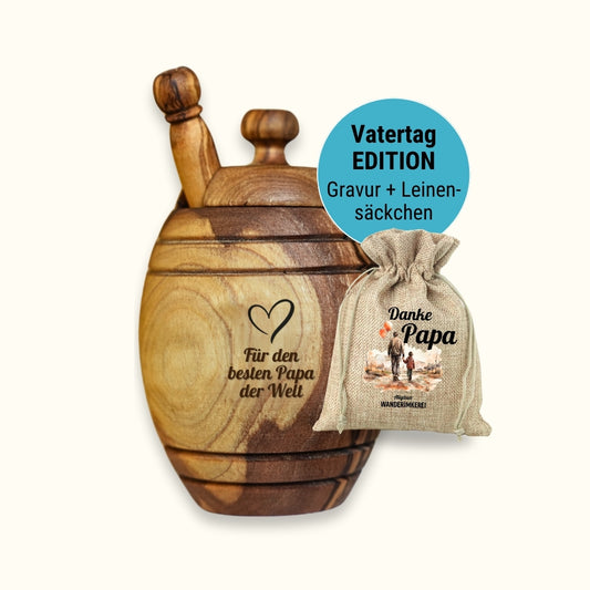 Vatertagsgeschenk, Honigtopf mit Wunsch-Gravur und Honiglöffel aus echtem Olivenholz im passenden Leinensäckchen DANKE PAPA von der Allgäuer Wanderimkerei