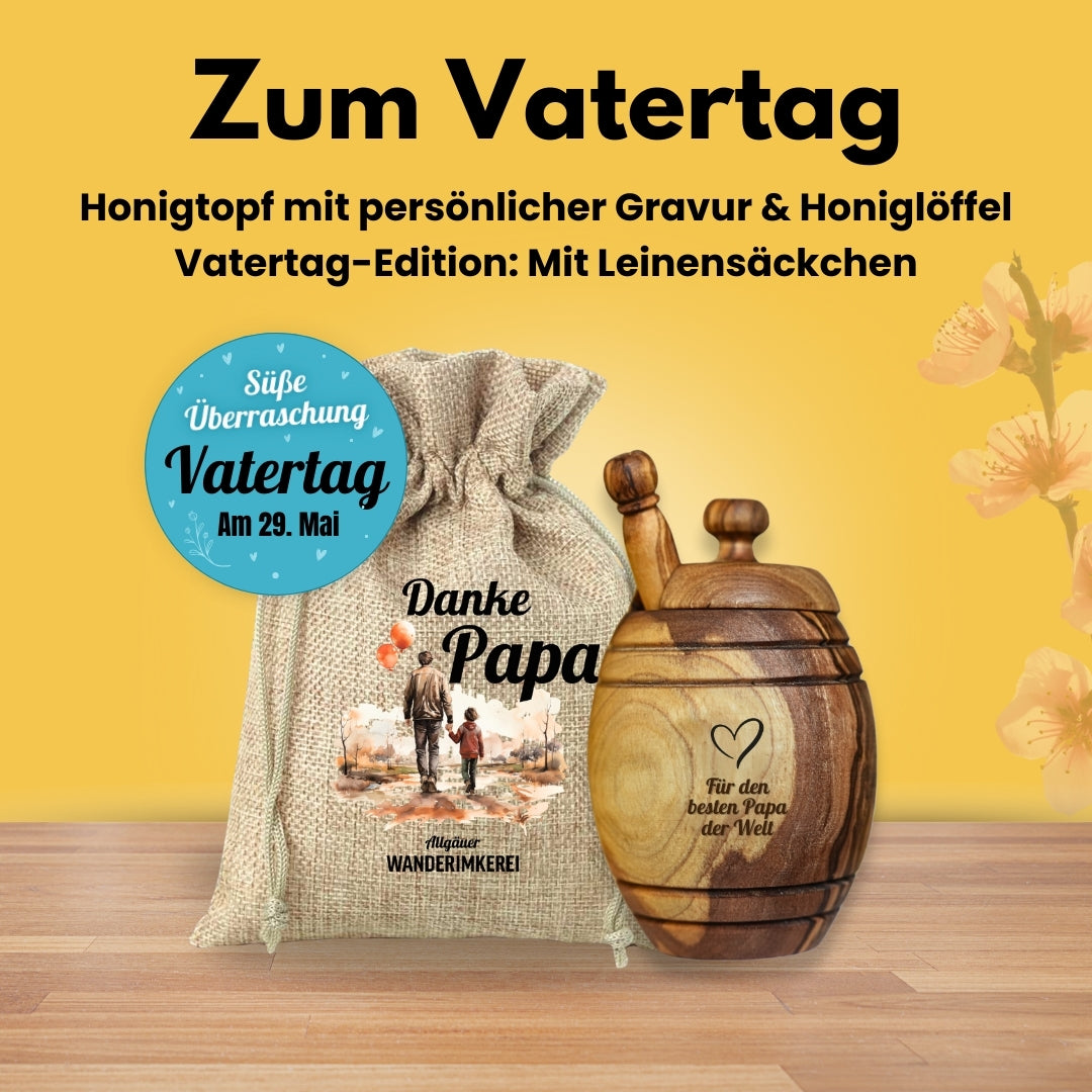 Vatertagsgeschenk, Honigtopf mit Wunsch-Gravur und Honiglöffel aus echtem Olivenholz im passenden Leinensäckchen DANKE PAPA von der Allgäuer Wanderimkerei