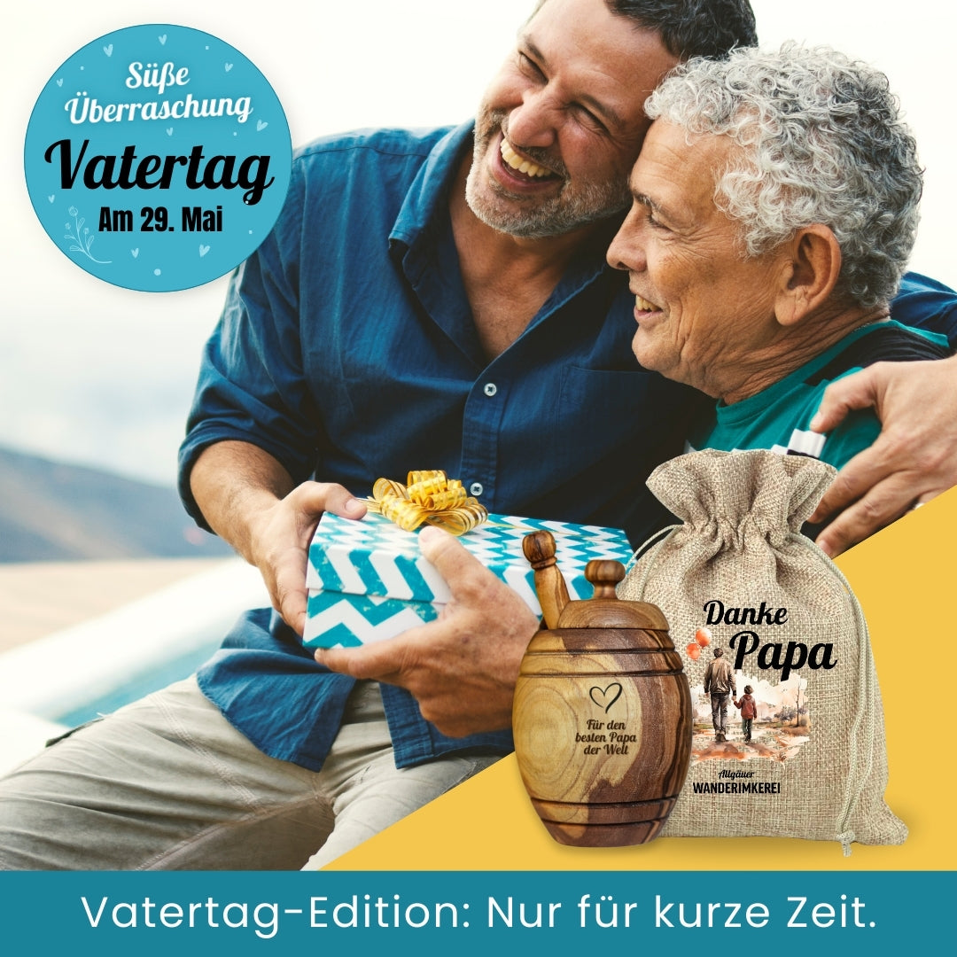 Vatertagsgeschenk, Honigtopf mit Wunsch-Gravur und Honiglöffel aus echtem Olivenholz im passenden Leinensäckchen DANKE PAPA von der Allgäuer Wanderimkerei