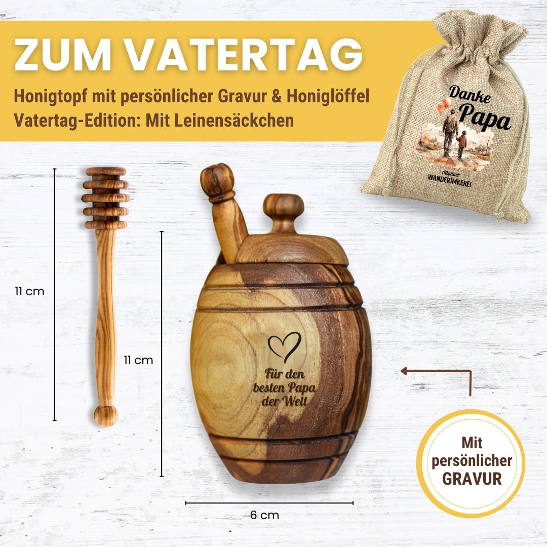 Vatertagsgeschenk, Honigtopf mit Wunsch-Gravur und Honiglöffel aus echtem Olivenholz im passenden Leinensäckchen DANKE PAPA von der Allgäuer Wanderimkerei
