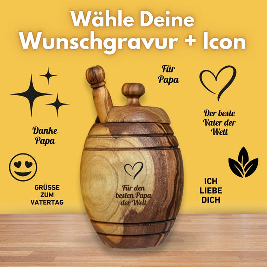 Vatertagsgeschenk, Honigtopf mit Wunsch-Gravur und Honiglöffel aus echtem Olivenholz im passenden Leinensäckchen DANKE PAPA von der Allgäuer Wanderimkerei