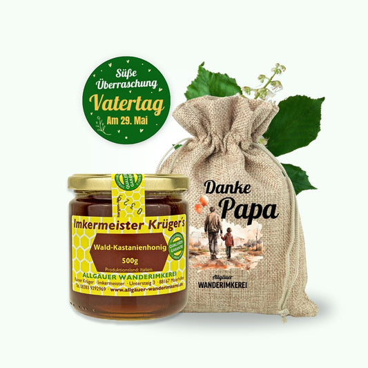 Einmalige Vatertag-Edition: Wald-Kastanienhonig (500g) im passenden Leinensäckchen von der Allgäuer Wanderimkerei