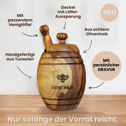 Honigtopf mit persönlicher Gravur und Honiglöffel aus echtem Olivenholz von der Allgäuer Wanderimkerei