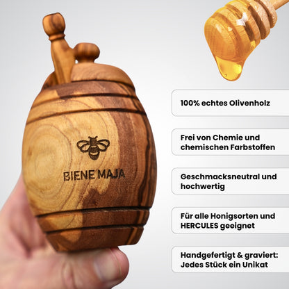 Honigtopf mit persönlicher Gravur und Honiglöffel aus echtem Olivenholz von der Allgäuer Wanderimkerei