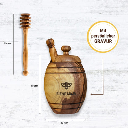 Honigtopf mit persönlicher Gravur und Honiglöffel aus echtem Olivenholz von der Allgäuer Wanderimkerei, Größe 11cm