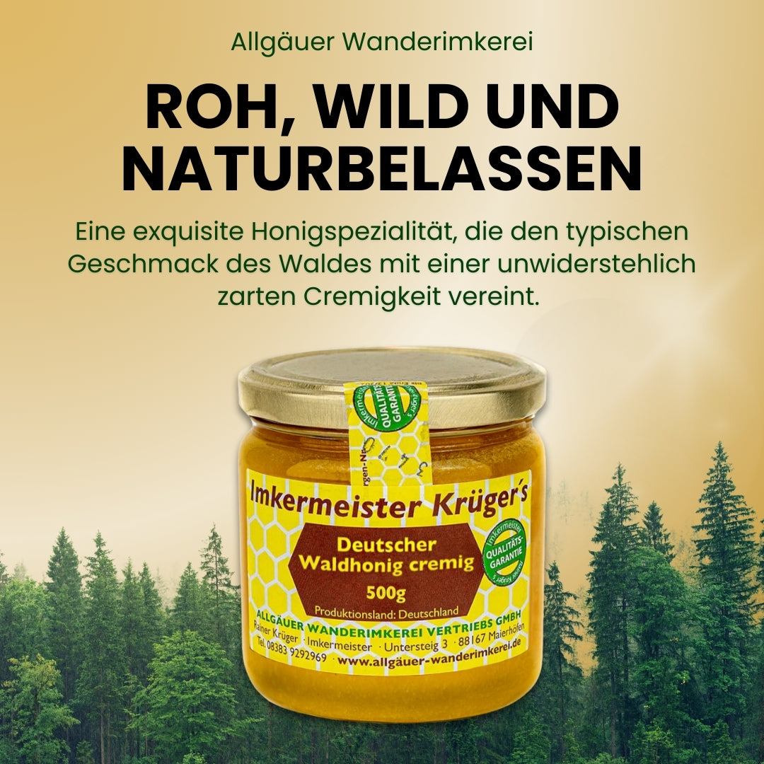 Deutscher Waldhonig cremig 500g von der Allgäuer Wanderimkerei aus Deutschland, Rainer Krüger Imkermeister, Rarität
