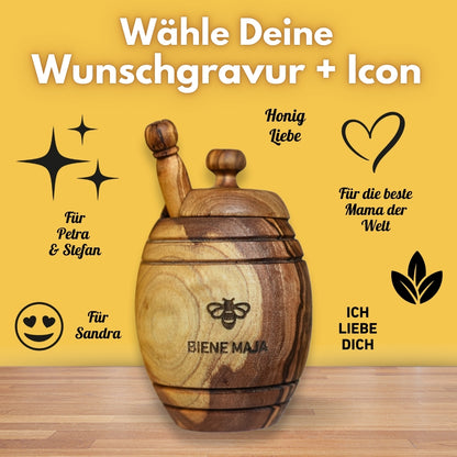 Honigtopf mit persönlicher Gravur und Honiglöffel aus echtem Olivenholz von der Allgäuer Wanderimkerei, für wahre Honigfans, Wähle Deine Wunschgravur