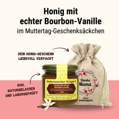Honig mit echter Bourbon-Vanille im Geschenksäckchen Danke Mama zum Muttertag verschenken, von der Allgäuer Wanderimkerei