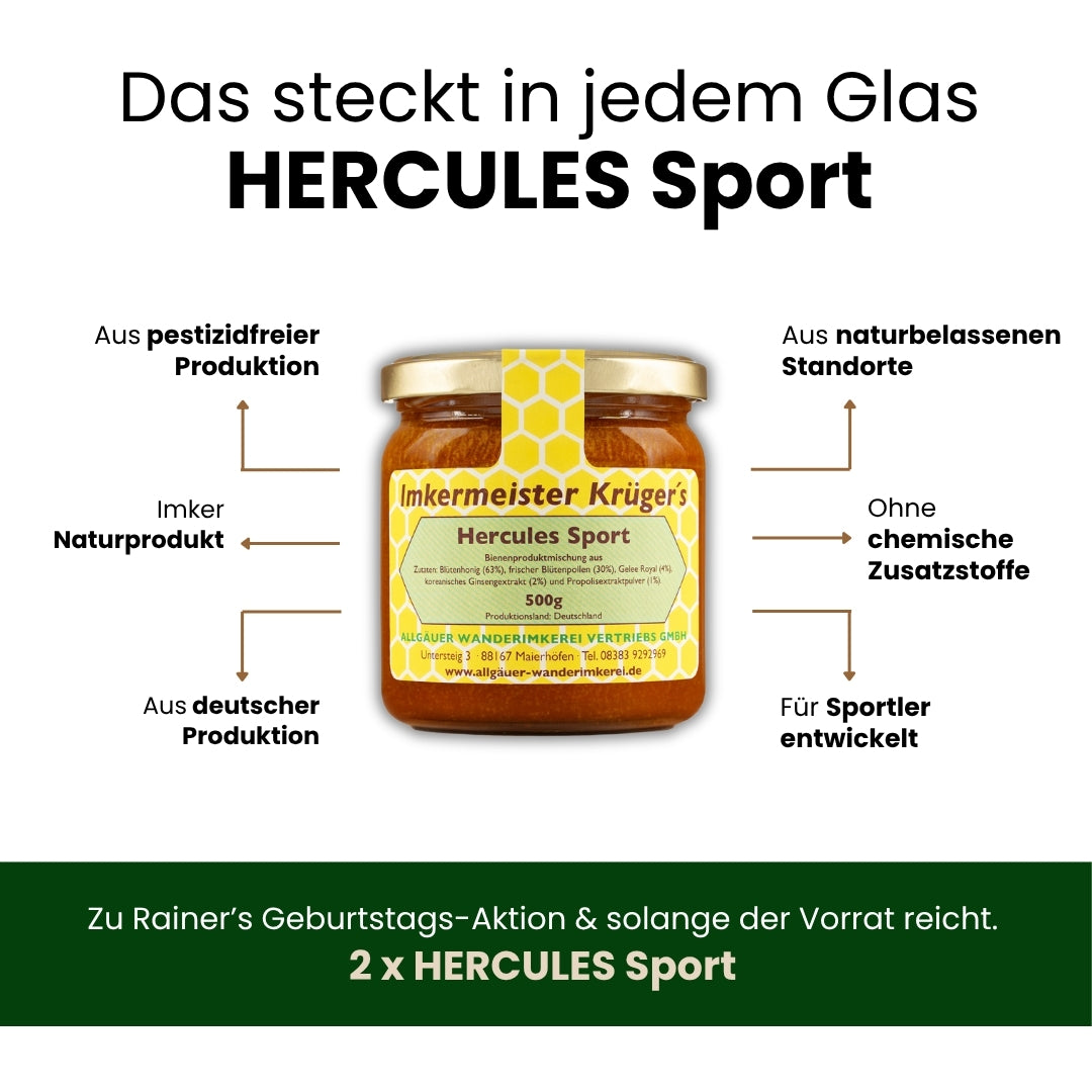 Spare 11% auf 2 x HERCULES Sport zur Geburtstagsaktion von Imkermeister Rainer Krüger von der Allgäuer Wanderimkerei, plus 2 Bestellgeschenke_03