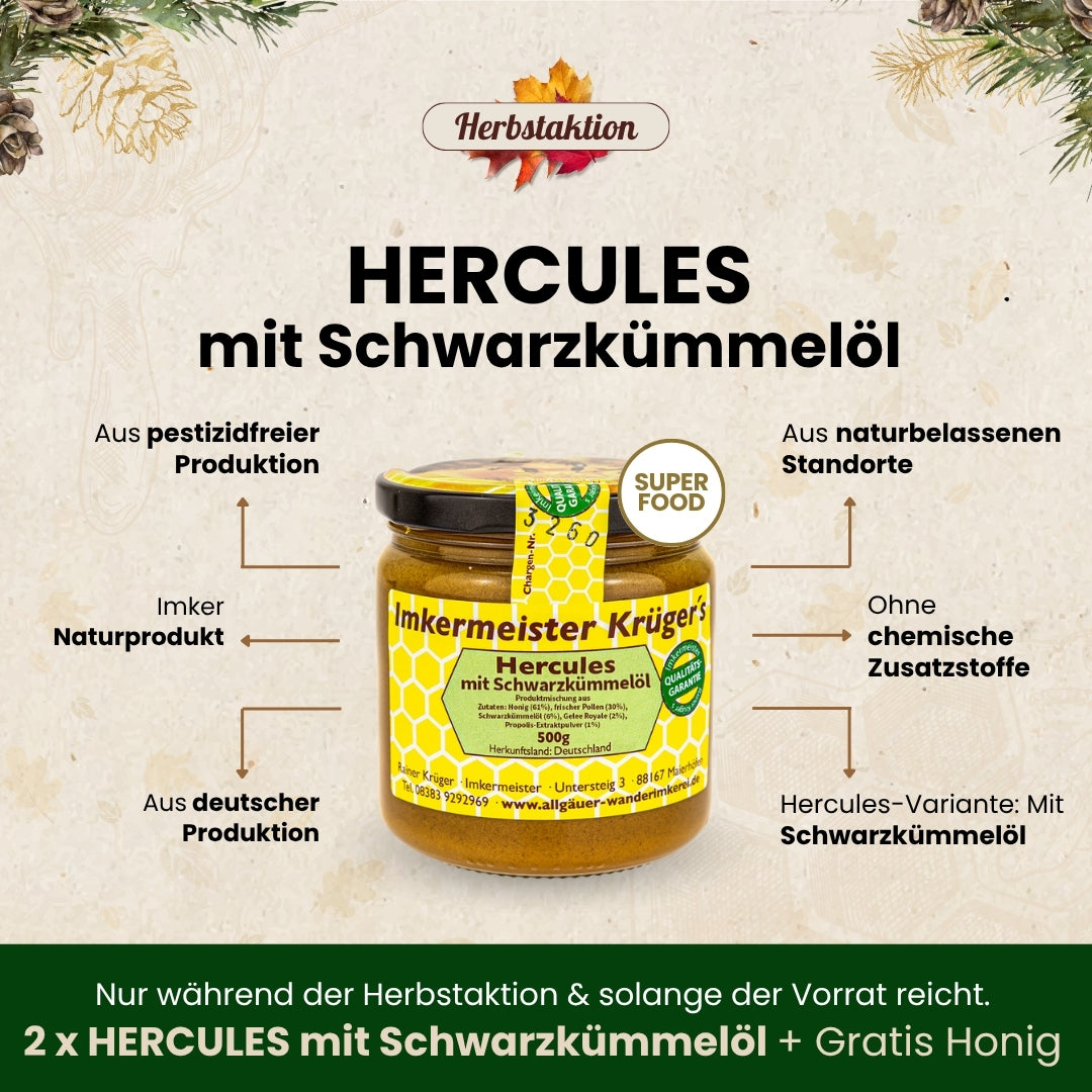 Herbstaktion: 2 x Hercules mit Schwarzkümmelöl + Gratis Honig für 70€ statt 88€, nur für kurze Zeit, von der Allgäuer Wanderimkerei