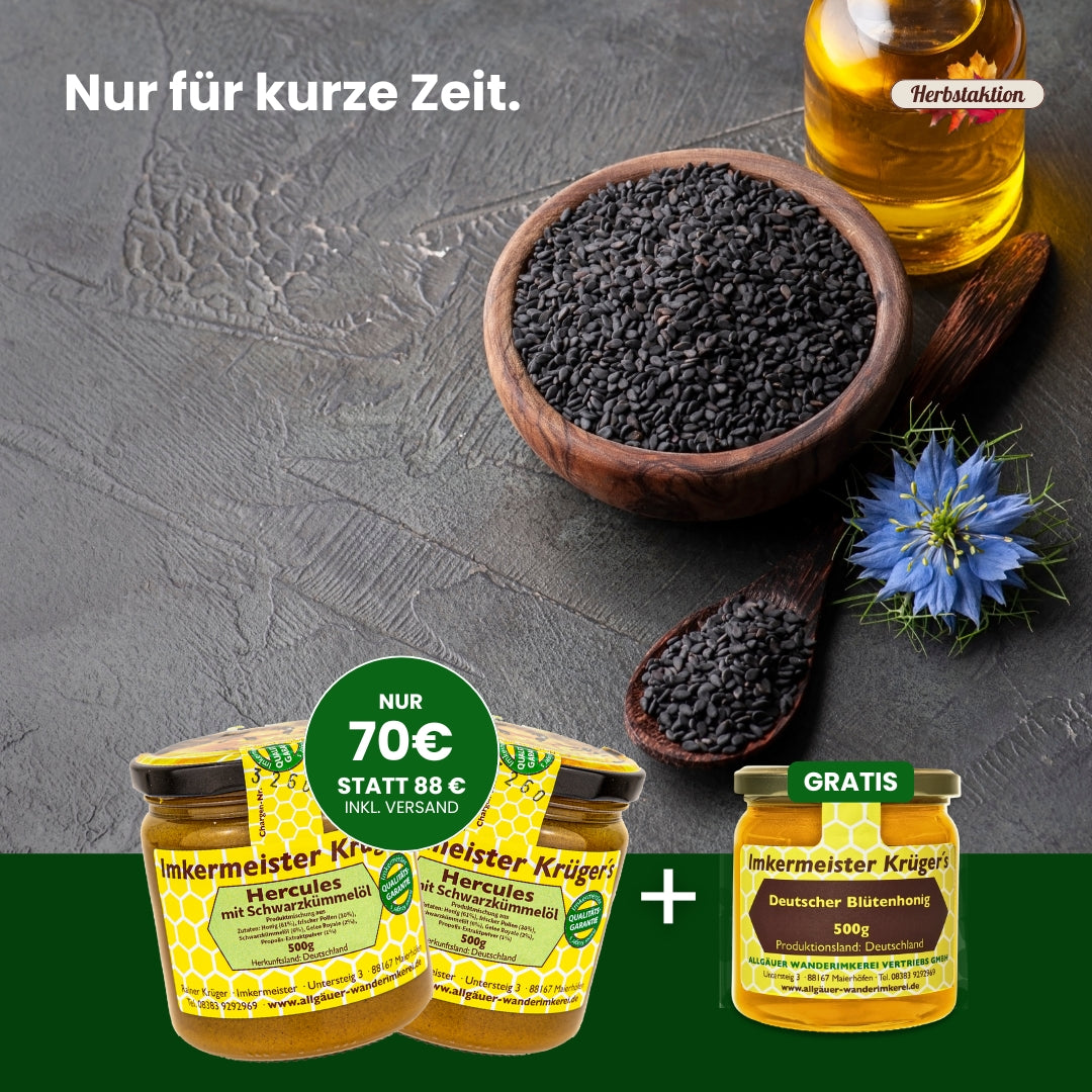 Herbstaktion: 2 x Hercules mit Schwarzkümmelöl + Gratis Honig für 70€ statt 88€, nur für kurze Zeit, von der Allgäuer Wanderimkerei