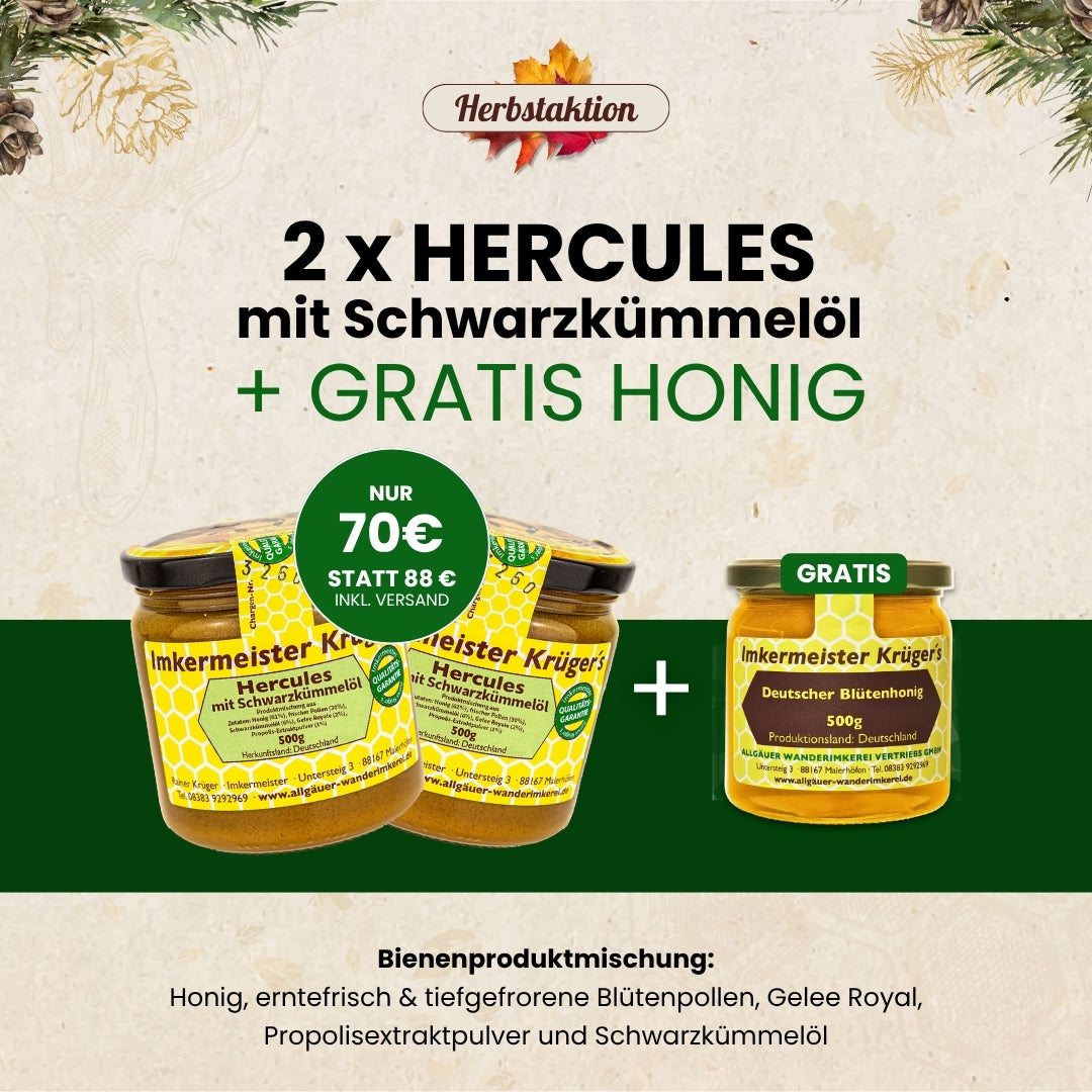 Herbstaktion: 2 x Hercules mit Schwarzkümmelöl + Gratis Honig für 70€ statt 88€, nur für kurze Zeit, von der Allgäuer Wanderimkerei