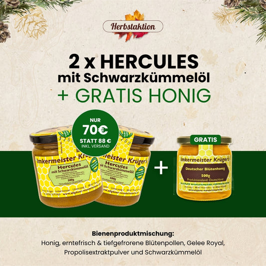 Herbstaktion: 2 x Hercules mit Schwarzkümmelöl + Gratis Honig für 70€ statt 88€, nur für kurze Zeit, von der Allgäuer Wanderimkerei