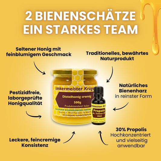 Bienenkraft-Duo für den Sommer mit Distelhonig cremig (500g) und Propolis Tinktur 30% (20ml)