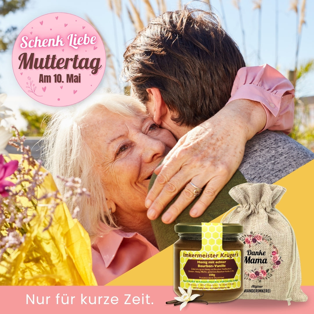 Honig mit echter Bourbon-Vanille im Geschenksäckchen Danke Mama zum Muttertag verschenken, von der Allgäuer Wanderimkerei
