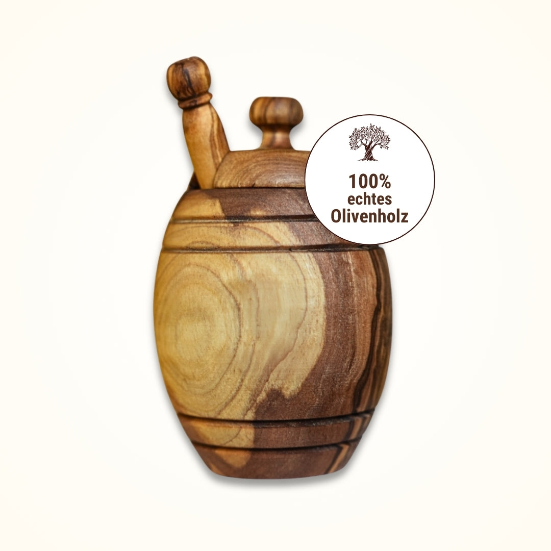 Honigtopf mit Deckel und Honiglöffel aus echtem Olivenholz von der Allgäuer Wanderimkerei
