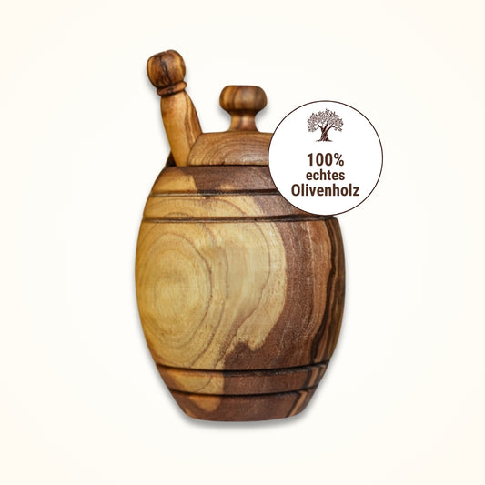 Honigtopf mit Deckel und Honiglöffel aus echtem Olivenholz von der Allgäuer Wanderimkerei