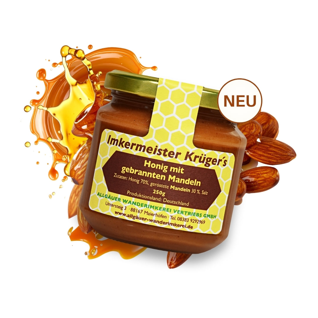 Leckerer Honig mit gebrannten Mandeln 250g von der Allgäuer Wanderimkerei