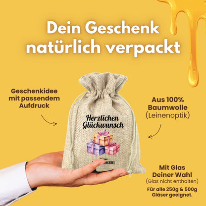 Geschenksäckchen mit „Herzlichen Glückwunsch“ von der Allgäuer Wanderimkerei\r\n