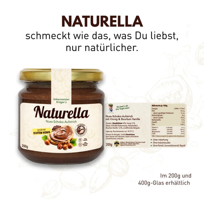 Naturella Nuss-Schoko-Aufstrich mit Imkerhonig gesüßt & echter Bourbon-Vanille verfeinert, 200g, Ohne Palmöl und ohne Industriezucker, Allgäuer Wanderimkerei