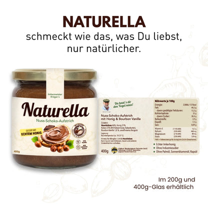 Naturella Nuss-Schoko-Aufstrich mit Imkerhonig gesüßt & echter Bourbon-Vanille verfeinert, 400g, Ohne Palmöl und ohne Industriezucker, Allgäuer Wanderimkerei