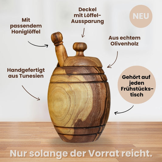Honigtopf mit Deckel und Honiglöffel aus echtem Olivenholz von der Allgäuer Wanderimkerei