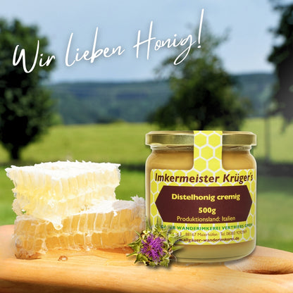 Seltener Distelhonig cremig (500g) aus Italien von der Allgäuer Wanderimkerei