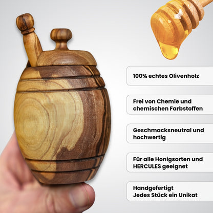 Honigtopf mit Deckel und Honiglöffel aus echtem Olivenholz von der Allgäuer Wanderimkerei