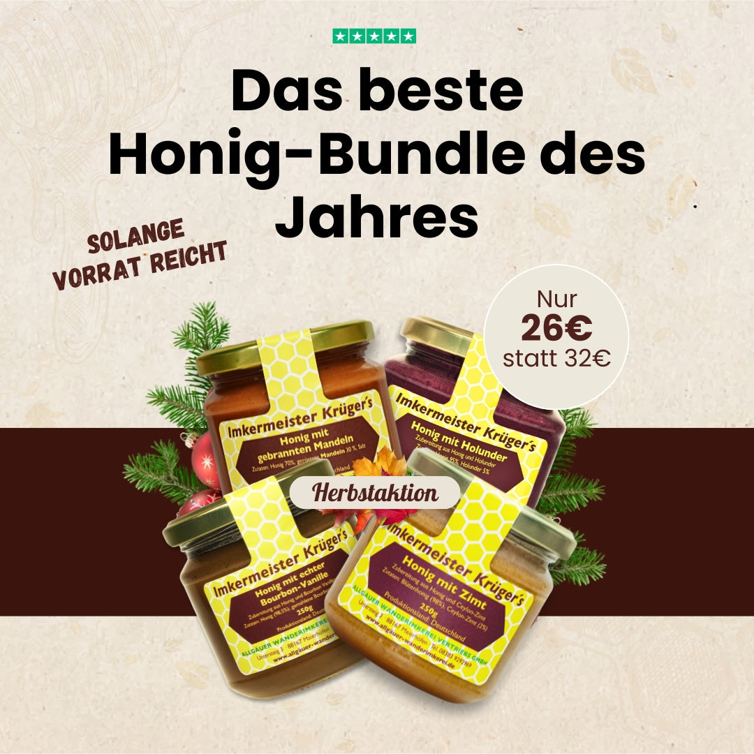 XXL-Weihnachts-Bundle mit ausgewählten Honigen für nur 26€ statt 32€ während der Herbstaktion von der Allgäuer Wanderimkerei