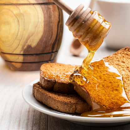 Honigtopf mit Deckel und Honiglöffel aus echtem Olivenholz von der Allgäuer Wanderimkerei