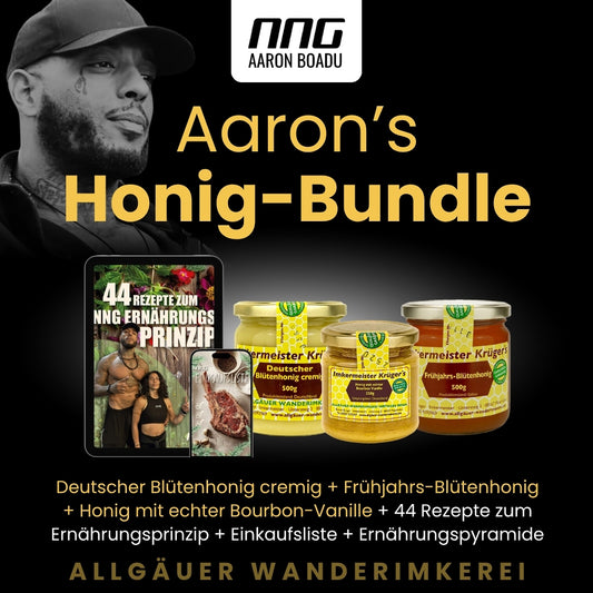 Aarons Honig-Bundle von der Allgäuer Wanderimkerei, Blütenhonig cremig und Honig mit echter Bourbon-Vanille, Frühjahrs-Blütenhonig, NNG 44 Rezepte zum Ernährungsprinzip und NNG Einkaufsliste + Ernährungspyramide, Empfehlung Aaron Boadu, NNG