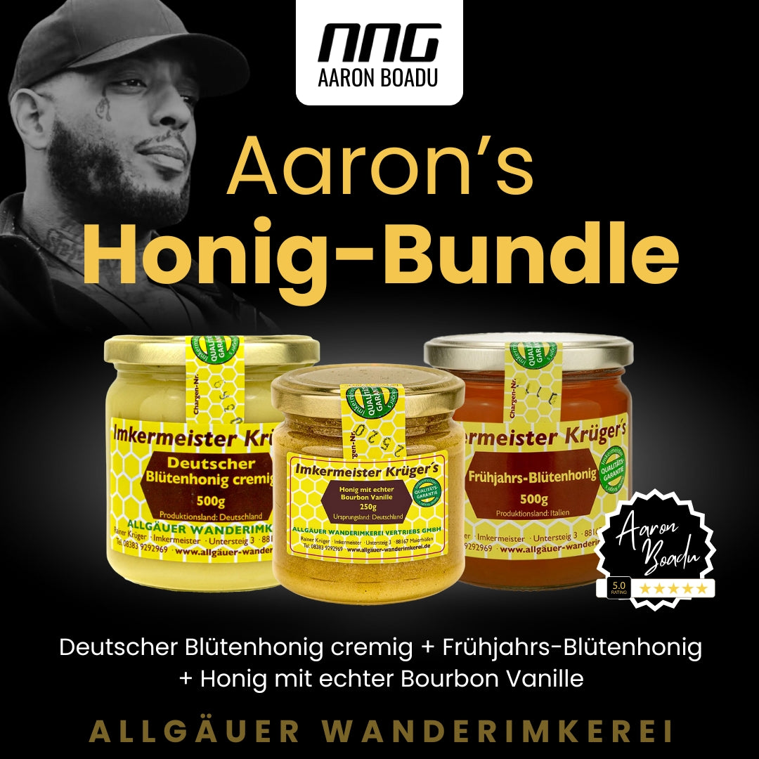 Aarons Honig-Bundle von der Allgäuer Wanderimkerei, Blütenhonig cremig und Honig mit echter Bourbon-Vanille und Frühjahrs-Blütenhonig, Empfehlung Aaron Boadu, NNG