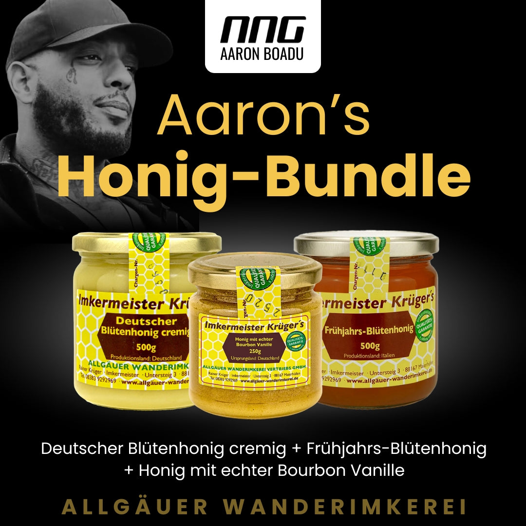 Aarons Honig-Bundle von der Allgäuer Wanderimkerei, Blütenhonig cremig und Honig mit echter Bourbon-Vanille und Frühjahrs-Blütenhonig, Empfehlung Aaron Boadu, NNG