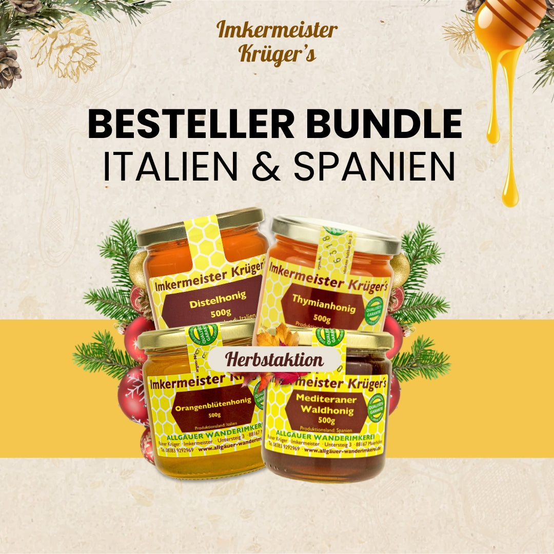 Bestseller Bundle Italien und Spanien mit Distelhonig, Orangenblütenhonig, mediterraner Waldhonig und Thymianhonig, nur zur Herbstaktion von der Allgäuer Wanderimekrei