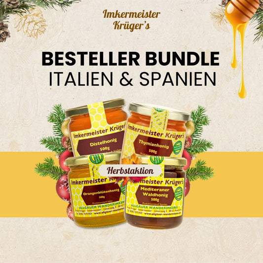 Bestseller Bundle Italien und Spanien mit Distelhonig, Orangenblütenhonig, mediterraner Waldhonig und Thymianhonig, nur zur Herbstaktion von der Allgäuer Wanderimekrei
