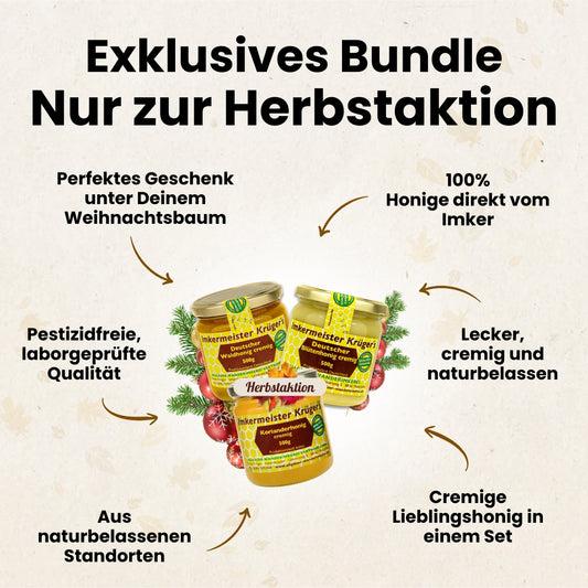 Cremige Lieblinge Set mit Deutscher Waldhonig cremig, Deutscher Blütenhonig cremig und Korianderhonig cremig, nur zur Herbstaktion von der Allgäuer Wanderimkerei